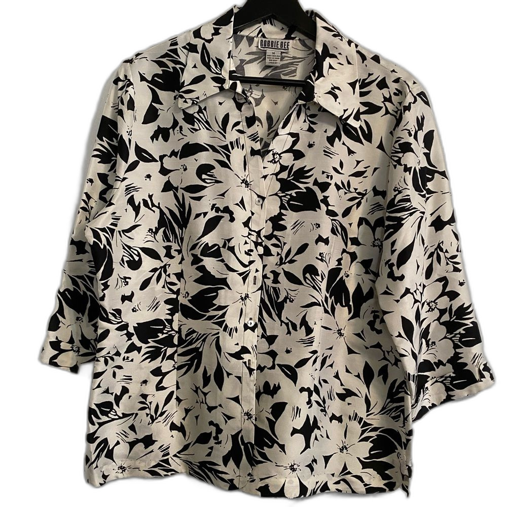 Robbie Bee Women's Button Up Floral Black White Silk Blouse 3/4 Sleeve L b29